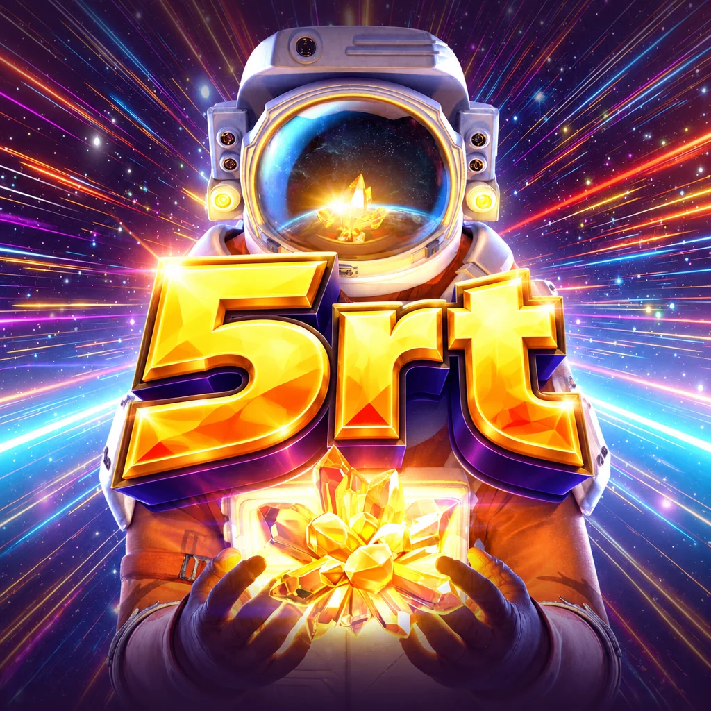 Logo 5rt bernuansa kristal emas di depan astronaut yang memegang kristal bercahaya dalam Galactic Gems